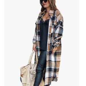 Omoone Women’s Brown & Black Plaid Midi Shacket Coat Jacket Size Large